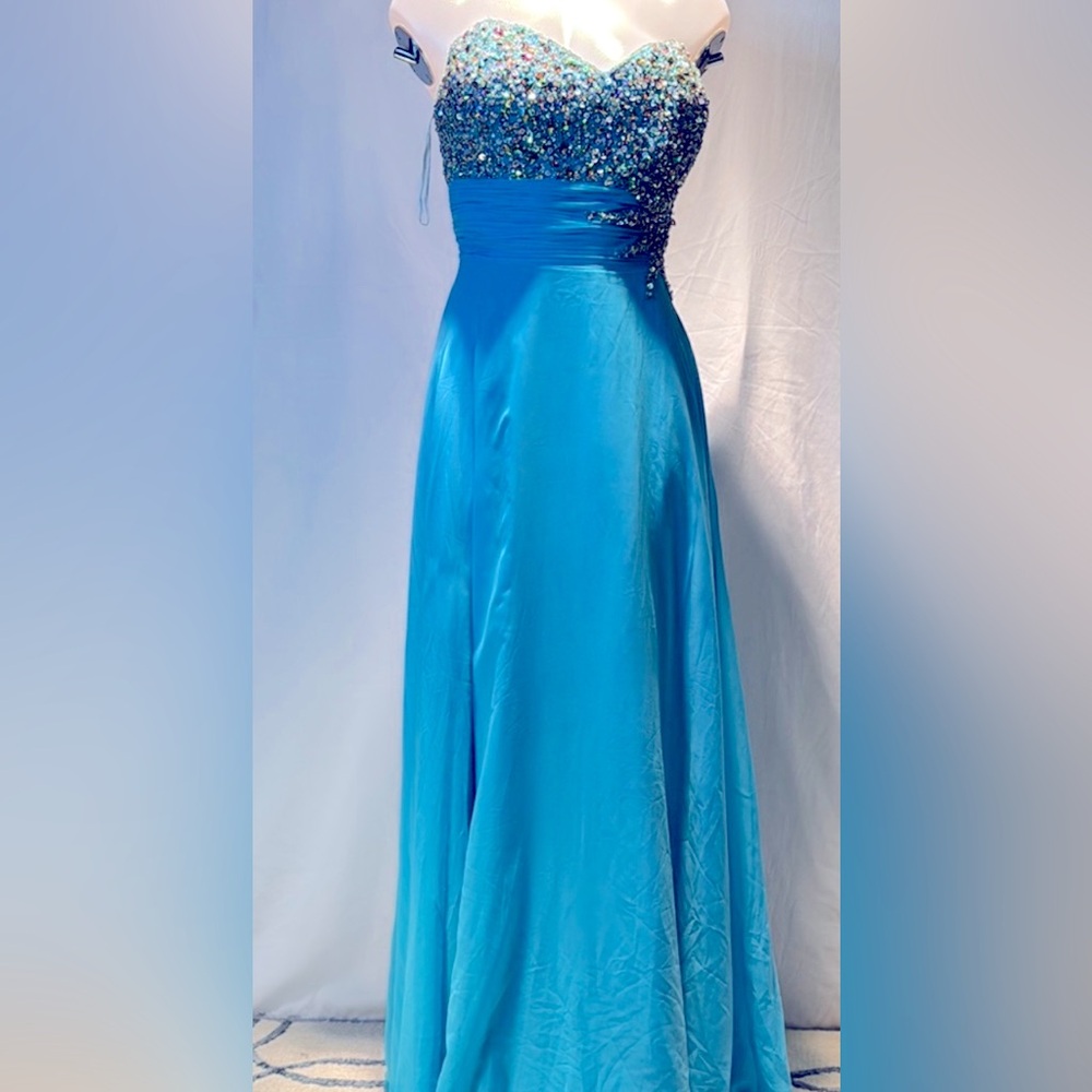 Tony Bowls Blue Sequin Strapless Gown